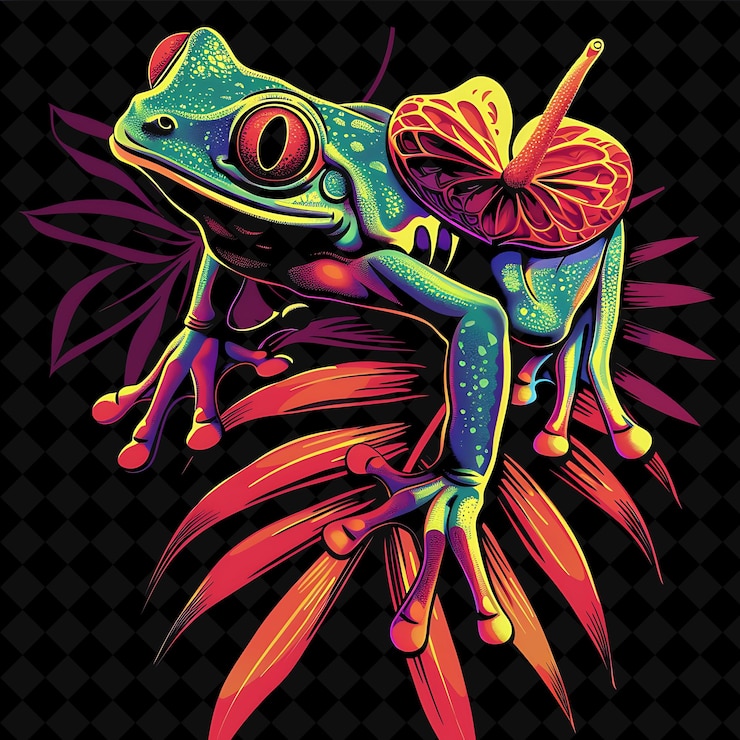 PSD rana de árbol de ojos rojos con pétalos de flores de anturio y simplificar el diseño vectorial de ilustraciones creativas
