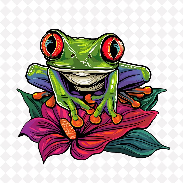PSD una rana con ojos rojos se sienta en una flor