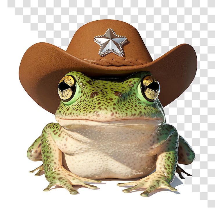 PSD rana con sombrero de vaquero con ojos dorados y piel manchada