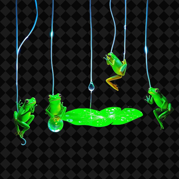 PSD ranas de árbol decorativas y gotas de agua neon lily pads brillan en la cuerda para la lluvia húmeda