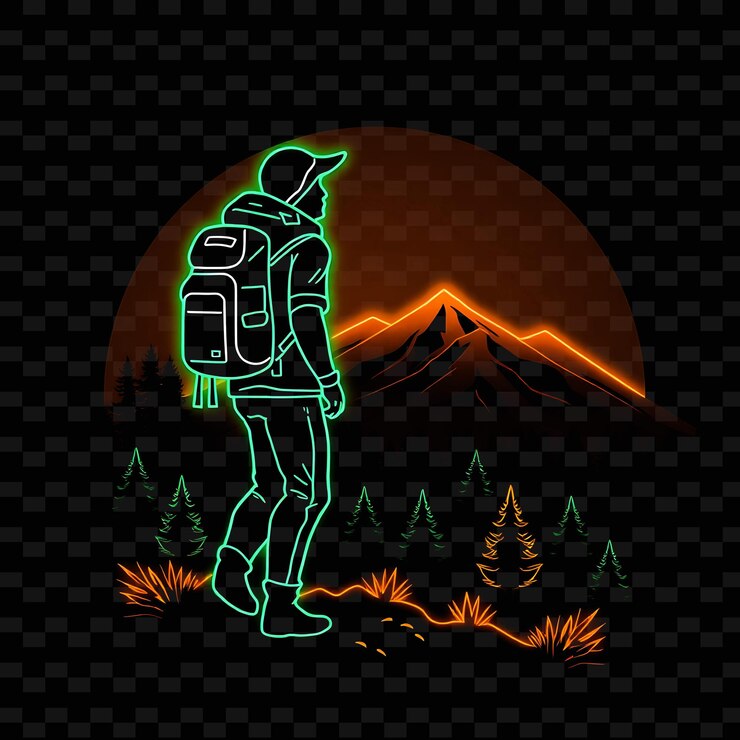 PSD randonneur tonné avec sac à dos neon landscape art design avec illustration de neon