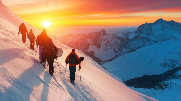 PSD des randonneurs montant une montagne enneigée au coucher du soleil