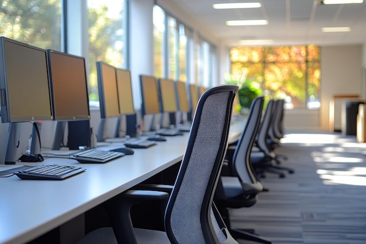 PSD une rangée de bureaux modernes avec des claviers d'ordinateur et des chaises dans un espace de bureau ouvert et lumineux