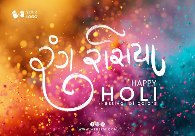 Rangiya gujarati Schrift mit glücklicher Holi Featival mit bunter Holi Hintergrund Post Vorlage