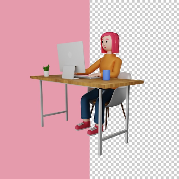 Rapariga em 3D de alta resolução a trabalhar num computador