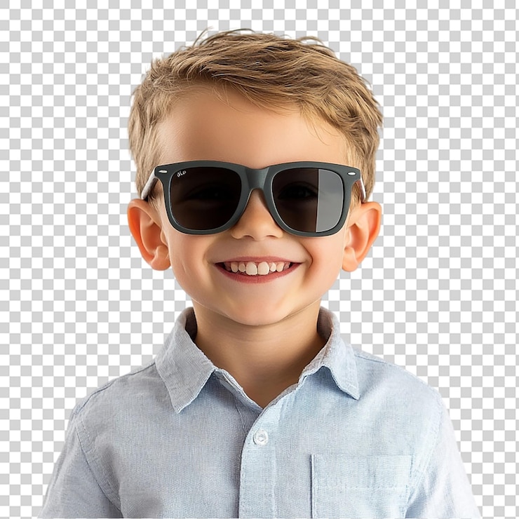 PSD rapaz sorridente usando óculos de sol retrato isolado em fundo transparente