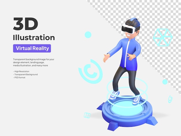 PSD rapaz usando fone de ouvido de realidade virtual e interação na ilustração do metaverso 3d render