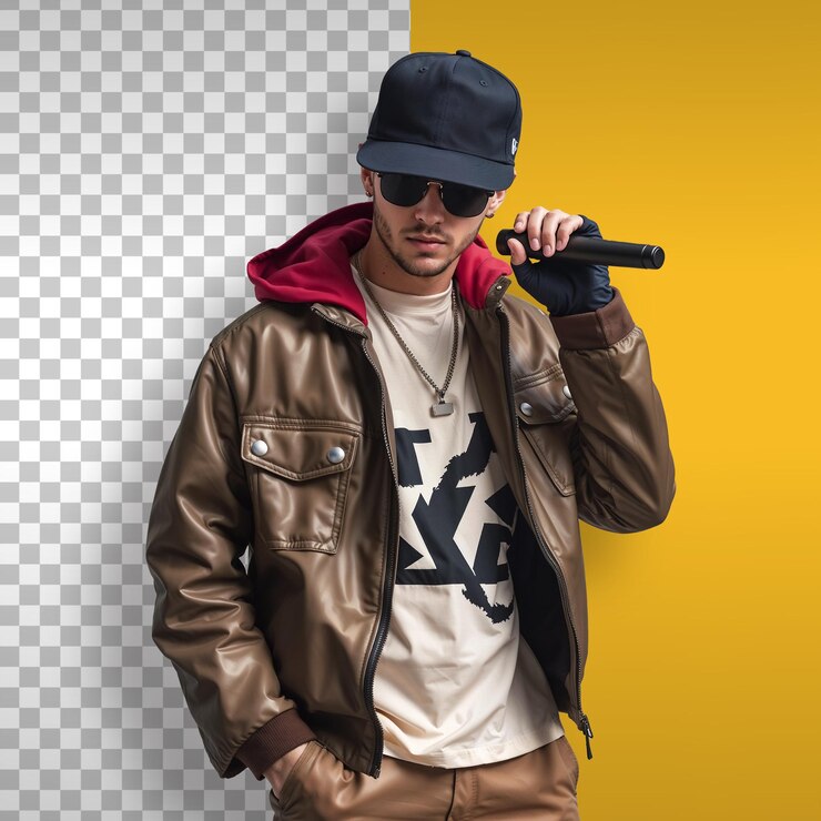 PSD rapper com óculos de sol, boné e microfone, fundo transparente.