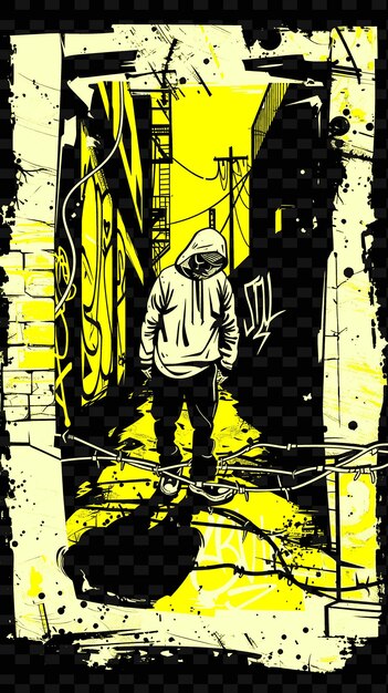 PSD rapper em um beco urbano com graffiti e ilustrações de cartazes de música