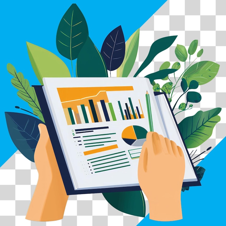 PSD rapport sur les mains avec des plantes vertes et un fond bleu
