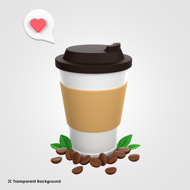 rappresentazione 3d della tazza di caffè con chicchi di caffè e amore isolato sullo sfondo trasparente