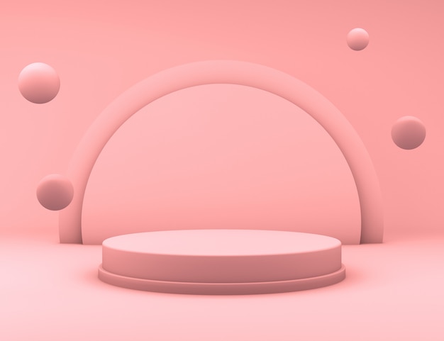 Rappresentazione 3D di un podio rosa minimo con le palle che galleggiano per la presentazione del prodotto