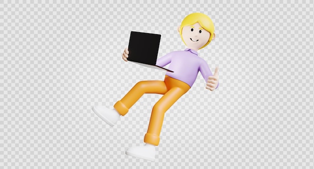 Rappresentazione 3d di un uomo d'affari che tiene un computer portatile e un gesto di galleggiamento