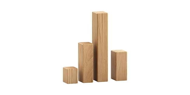 Rappresentazione di un grafico a barre in legno con quattro blocchi isolati su uno sfondo trasparente
