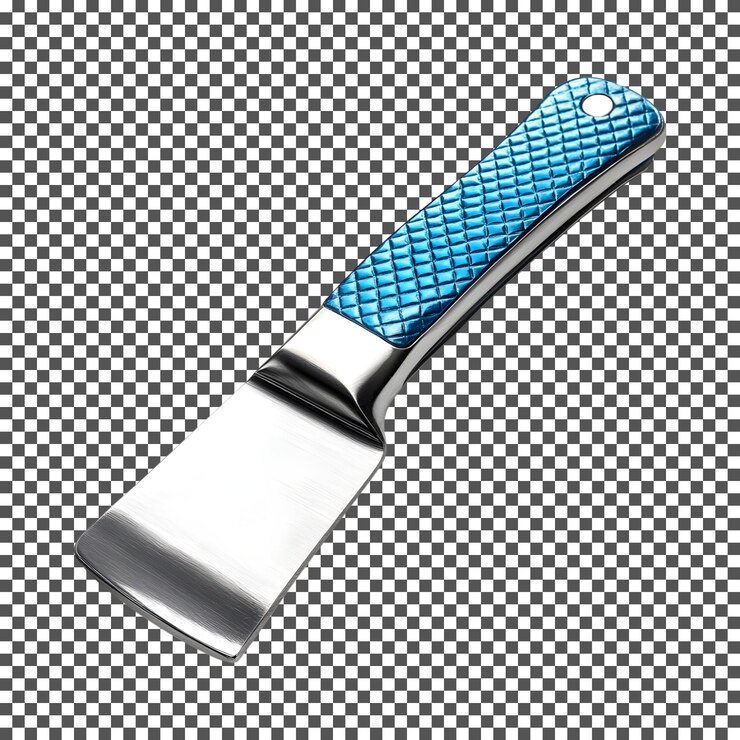 PSD raspador de metal duradero con mango azul aislado sobre un fondo transparente