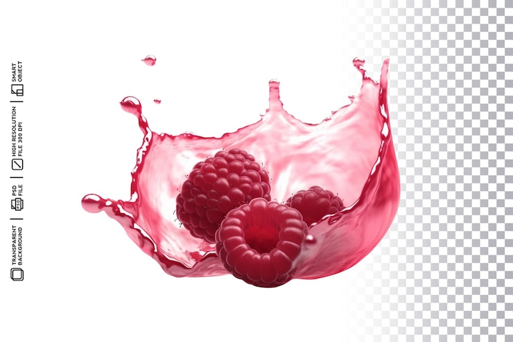 PSD raspberries in a splash of water on a transparent background