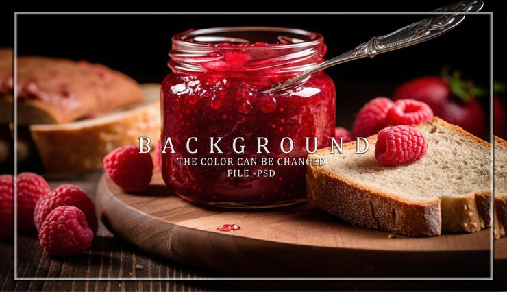 PSD raspberry jam spread on toast with fresh raspberries