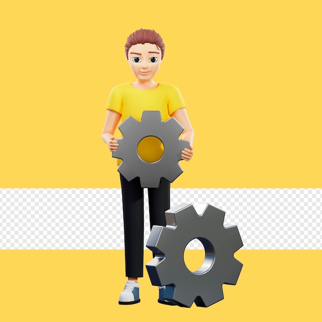Raster-Darstellung eines Mannes mit einem großen Zahnrad. Junger Mann in einem gelben T-Shirt hält zwei große Metallzahnräder in der Hand. Setup-Arbeiter, Anwendungsentwicklung, 3D-Rendering-Grafik für Unternehmen