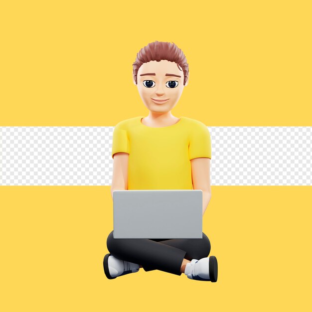 Raster-Illustration eines Mannes, der an einem Laptop arbeitet. Junger Mann in einem gelben T-Shirt sitzt im Lotussitz und klickt auf den Computer, surft im Internet, 3D-Darstellung von Kunstwerken für Unternehmen und Werbung