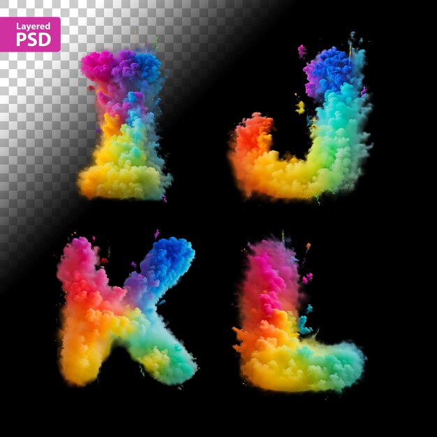 PSD raster-schriftart mit buchstaben aus regenbogenfarben rauchpulver