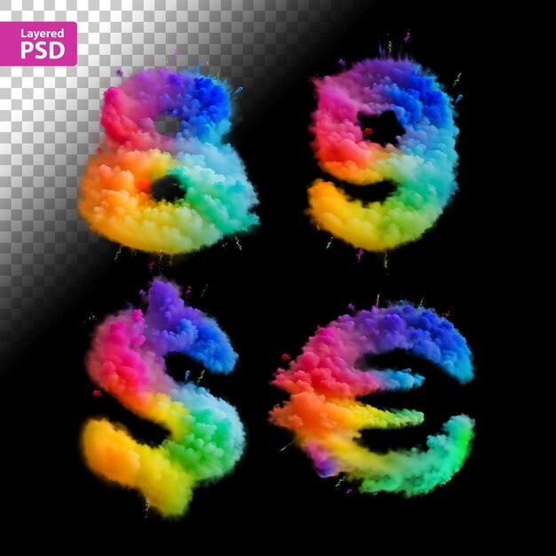 Raster-schriftart mit buchstaben aus regenbogenfarben rauchpulver