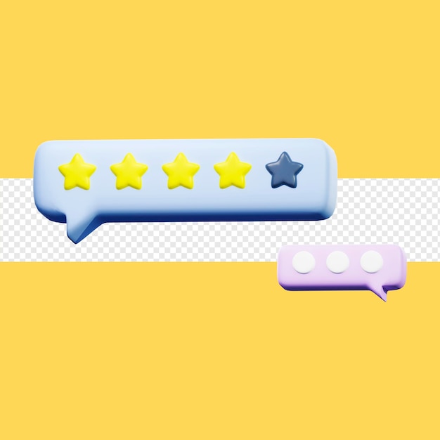 Rasterdarstellung der Sprechblase mit Sternen Bewertungsüberprüfung Vier Sterne Feedback Besucher-App-Ratenbenachrichtigung Mitarbeiter erinnern sich an 3D-Rendering-Grafiken für Unternehmen und Werbung