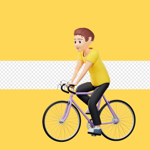 Rasterdarstellung eines Mannes, der Fahrrad fährt. Junger Mann in einem gelben T-Shirt fährt Fahrrad, Lieferung, Transport, Geschwindigkeit, Verkehrsregeln, Zyklus, 3D-Rendering-Kunstwerk für Unternehmen und Werbung