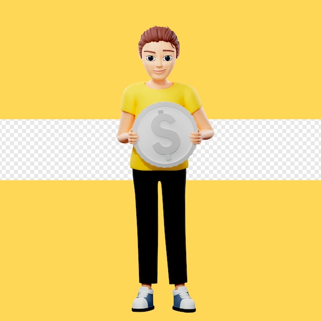 Rasterdarstellung eines mannes mit einer großen münze. junger mann in einem gelben t-shirt hält dollar-geld, einkommen, gehalt, bargeld, internet-banking, zahlung, einkaufen, 3d-rendering-kunstwerk für unternehmen