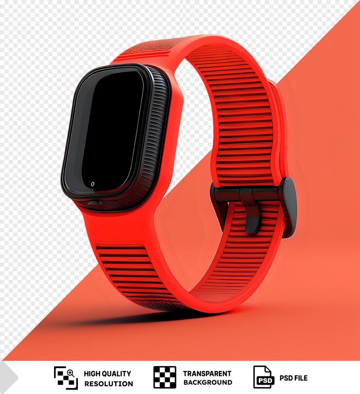 PSD rastreador de tenis portátil único en un fondo rojo