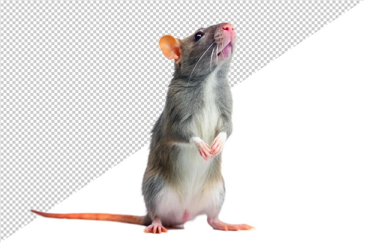 PSD un rat avec une longue queue se tient sur un fond blanc