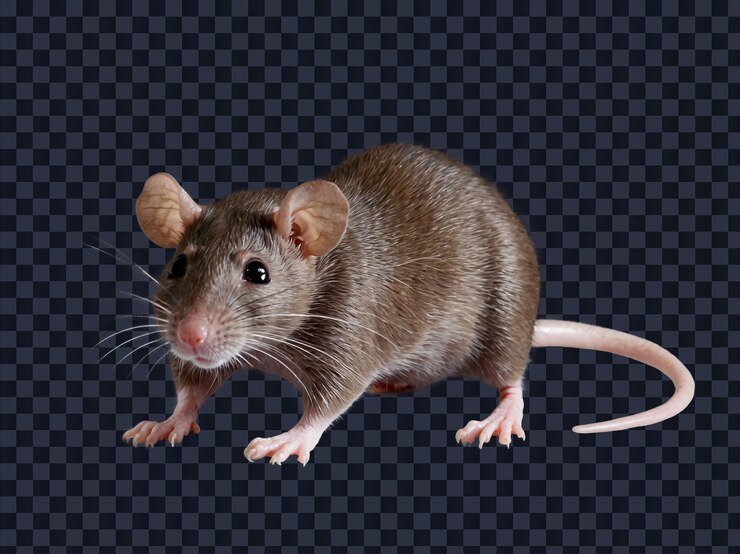 PSD un rat avec une longue queue se tient sur un fond noir