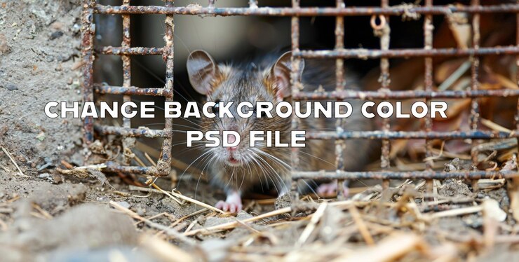 PSD una rata curiosa asomando desde una vieja jaula.