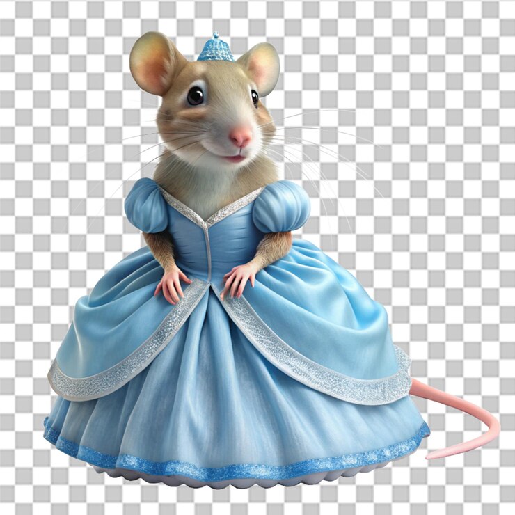 PSD rato caricatura antropomórfica vestindo um vestido de cinderela isolado em fundo transparente