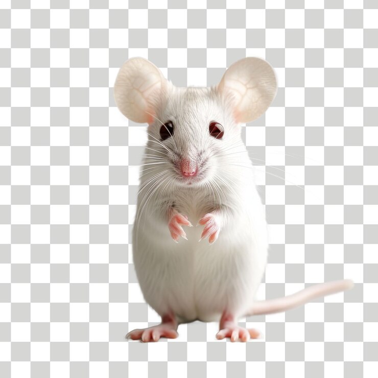 un ratón blanco con una nariz rosa y un ojo negro con una lengua rosa sobresaliendo
