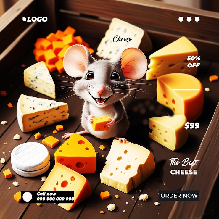 PSD un ratón de cara feliz y un post de queso generado por ai