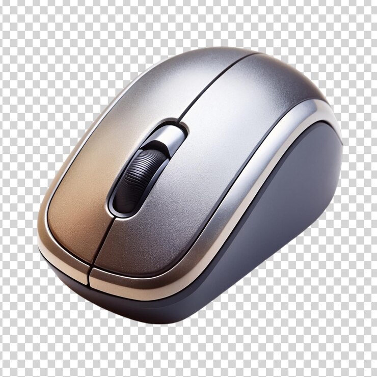 PSD un ratón de computadora azul con una rueda de rollo plateada en un fondo transparente
