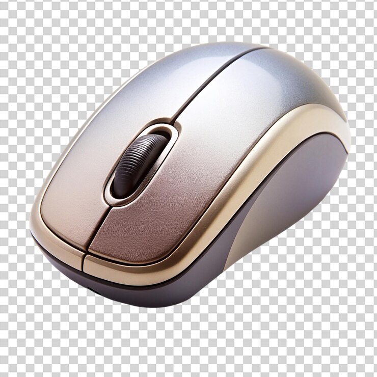PSD un ratón de computadora plateado y negro en un fondo transparente