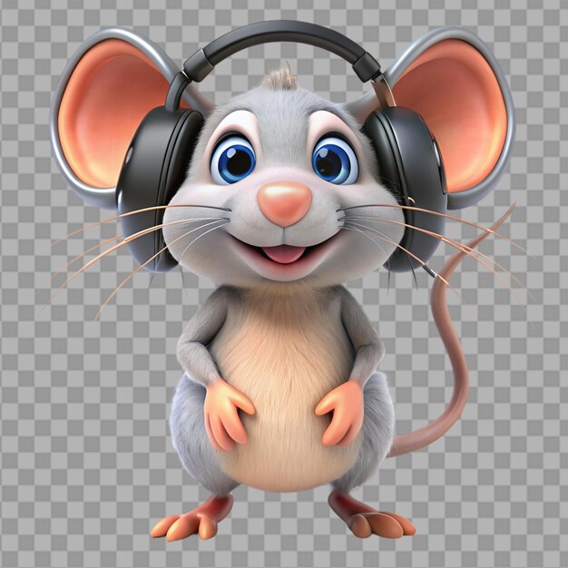 ratón de dibujos animados con auriculares en un fondo transparente