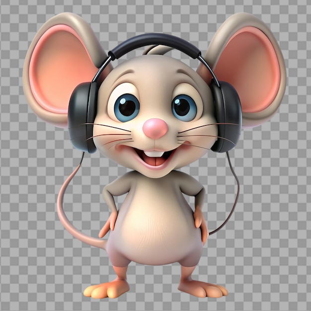ratón de dibujos animados con auriculares en un fondo transparente