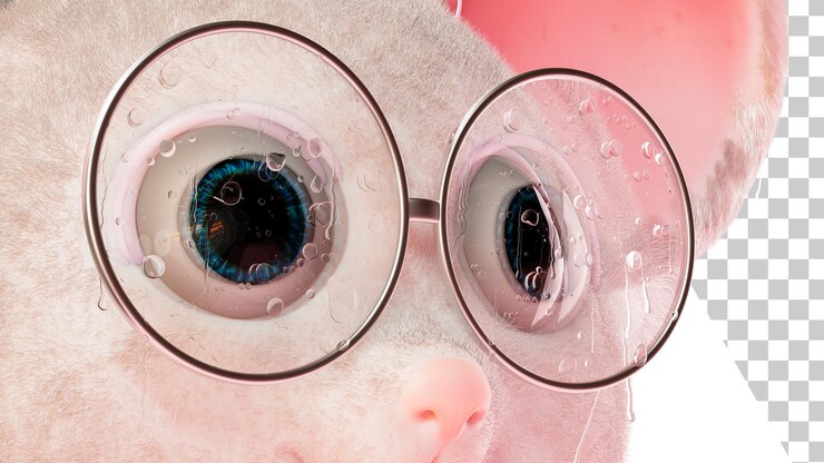 PSD ratón con gafas con gotas de lluvia closeup concepto de animales sin hogar ojos de ratón de dibujos animados 3d render