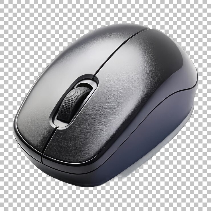 PSD el ratón negro de la computadora 3d está aislado en un fondo transparente.