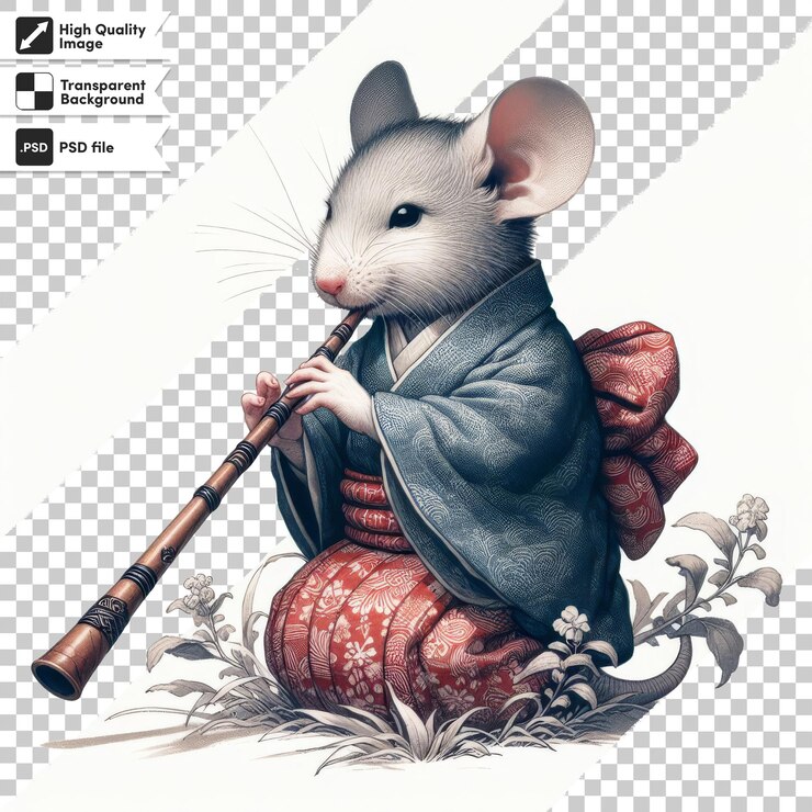 PSD un ratón con un ratón en su regazo está sosteniendo una flauta