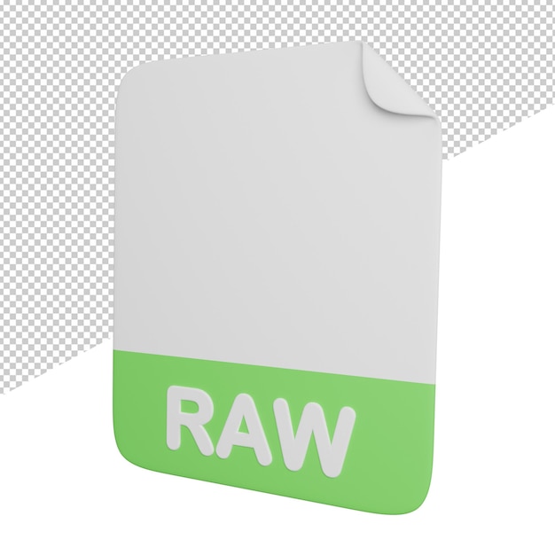 RAW-Dokumentdatei Seitenansicht 3D-Rendering-Symbolabbildung auf transparentem Hintergrund