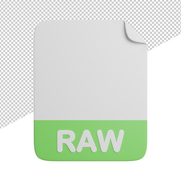 Raw-dokumentdatei vorderansicht 3d-rendering-symboldarstellung auf transparentem hintergrund