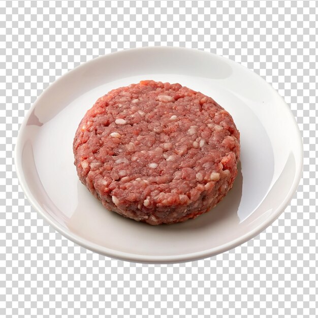 PSD raw hamburger patties on white plate isolated on transparent background