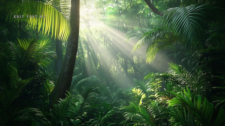 PSD los rayos de sol atraviesan el denso follaje de la selva tropical iluminando la exuberante vegetación verde y creando una atmósfera mística
