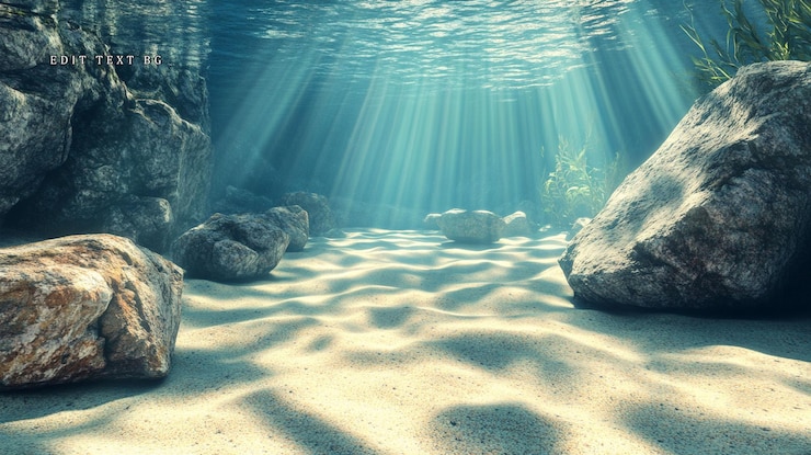 PSD los rayos del sol iluminan el fondo arenoso del océano con rocas y plantas