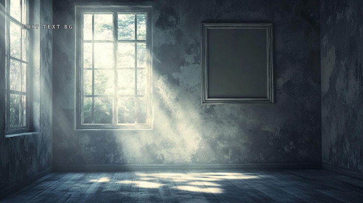 PSD los rayos de sol iluminan una habitación oscura y vacía con una ventana y un marco en blanco