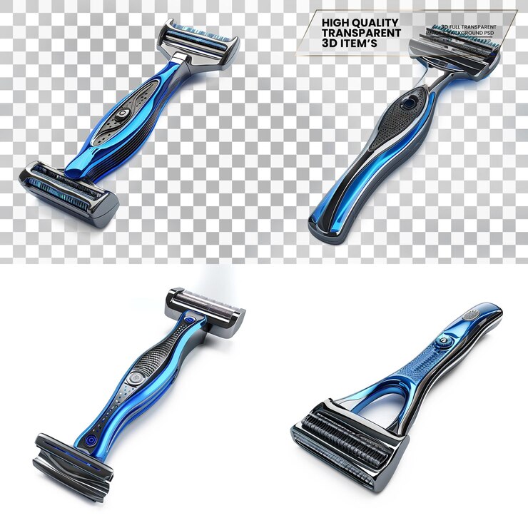 PSD razor moderno con mango azul y múltiples cuchillas en un fondo transparente