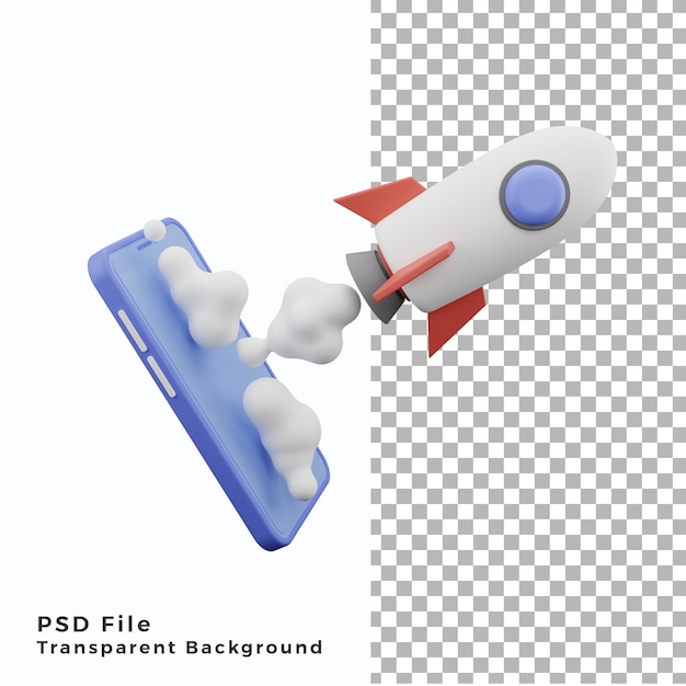 Razzo 3d che vola con l'icona dell'illustrazione del handphone di alta qualità